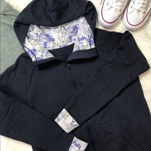 Zip Front Hoodie with Floral Accents